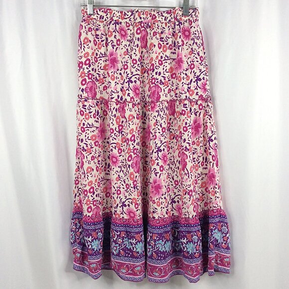 Simple Fun Floral Tiered Midi Skirt Women's Size Large Pink Purple Cottage Core - Picture 2 of 7